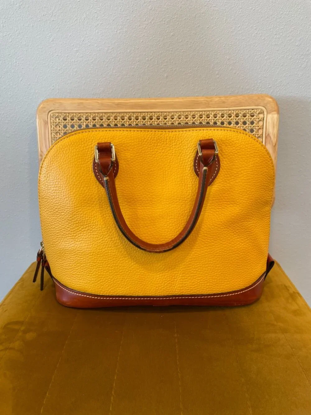 Dooney & Bourke Pebble Leather Domed Satchel Mustard Yellow